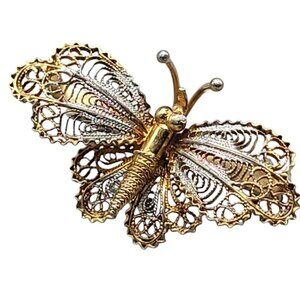 800 Silver Butterfly Brooch Vermeil Accents Filigree Signed C Clasp Antique